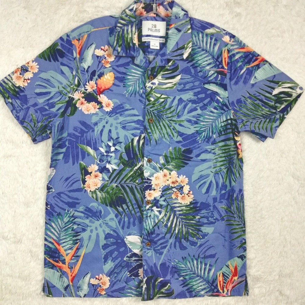 28 Palms Mens Shirt Button Up Tropical Hawaiian Blue Floral Short Sleeve M